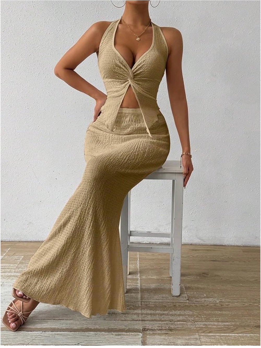 QJQ 2 Piece Outfits Summer Twist Front Halter Tank Tops Bodycon Large Long Maxi - Picture 4 of 10